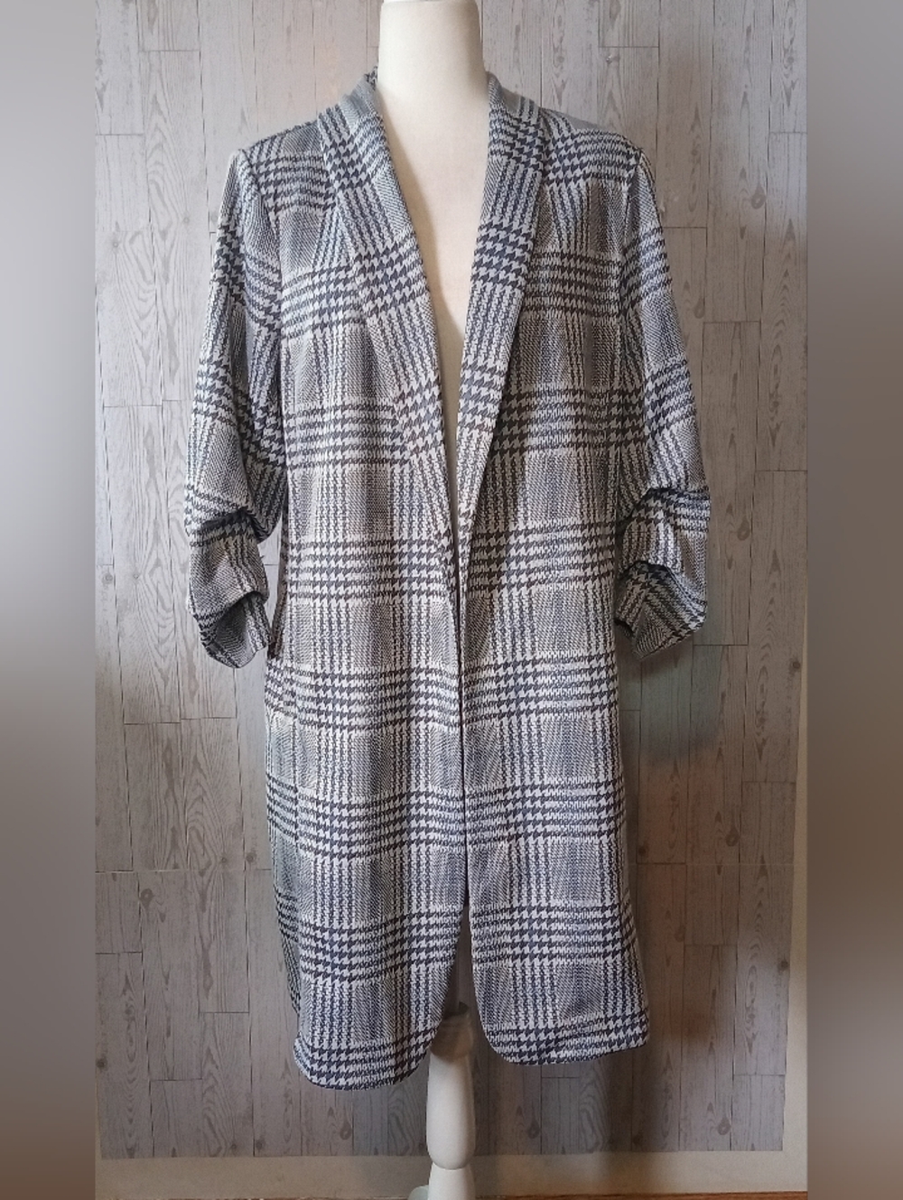 Cato Plaid Longline Trench Coatigan 3/4 Sleeve Blue Black White Size 18W